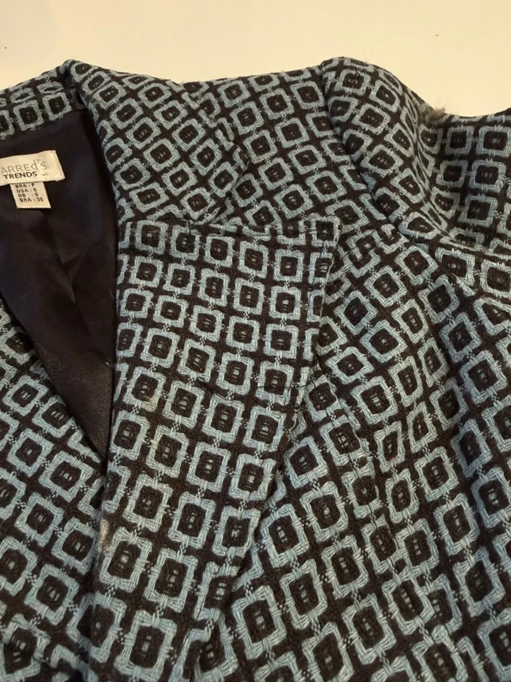 French Chic | Double-Breasted Geometric Print Blazer Jacket - Blue - Picture 4 of 9